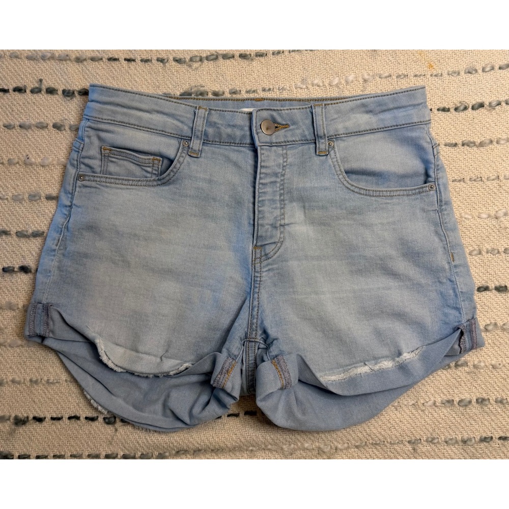 HM Womens High Waisted Denim Shorts Light Wash Blue Cuffed Raw Hem Size 4